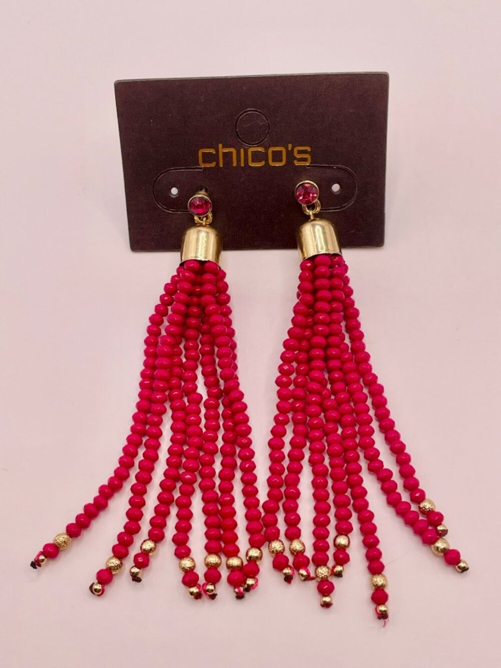 New Chico's Pink Beaded Tassel Earrings Gold Accents -79B